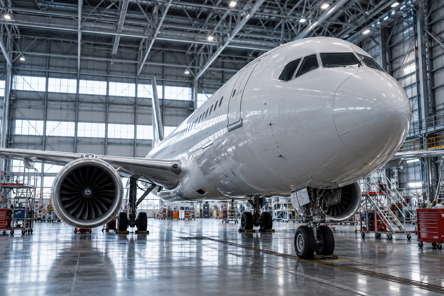 Illustrative passenger aircraft inside a modern engineering hangar